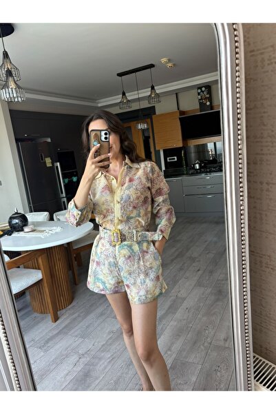 Genel Markalar Tasarım Düğme & Kemerli , Renkli Şort & Gömlek Takım