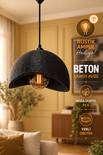 JUTUAL DEKOR Beton Görünümlü Siyah Tekli Sarkıt Avize Modern Bohem Rustik Sal...