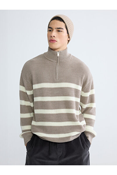 LC Waikiki Nevavm Xside Beige Knitwear Striped Stand Collar Men's Sweater wit...