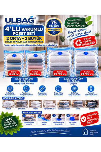 ÜLBAG 4'lü Vakumlu Poşet Seti (2 ORTA 2 BÜYÜK BOY) Vakumlu Torba, Vakumlu Hurç
