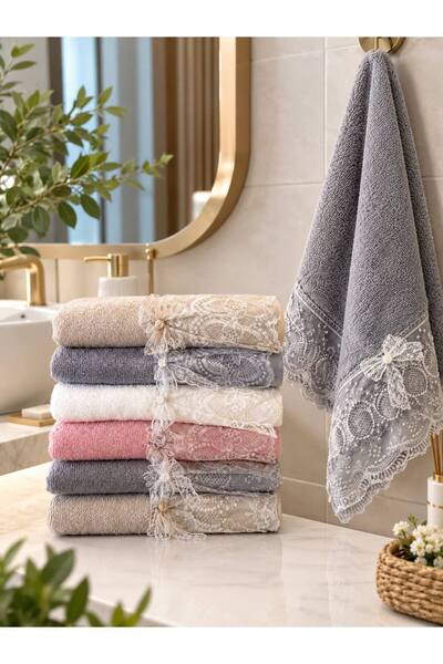 ŞENER HOME Set of 6 Lace Guipure Towels 50x90 Cm. Hand&Face Towel