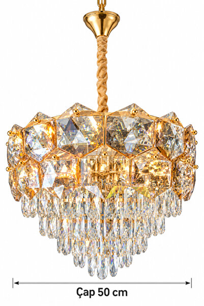 HOMSİ 50 CM AVANGART KRİSTAL SALON AVİZESİ GOLD KAPLAMALI