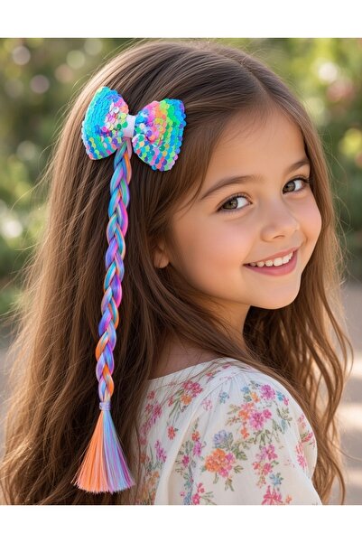 NİLZ Sequin Bow Model Braided Hair Children's Hairpin Buckle 1 Piece