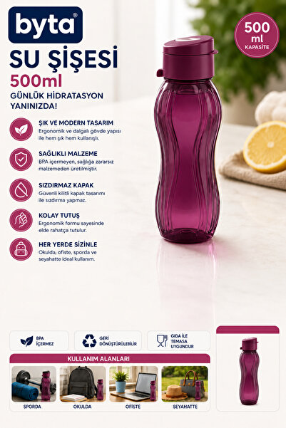 BYTA 500 ml Sızdırmaz Su Şişesi Matara BPA İçermez Ergonomik Tasarım Okul Spo...