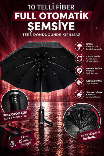 FİTHOME Tam Otomatik 10 Tel Rüzgara Dayanıklı Kırılmaz Şemsiye