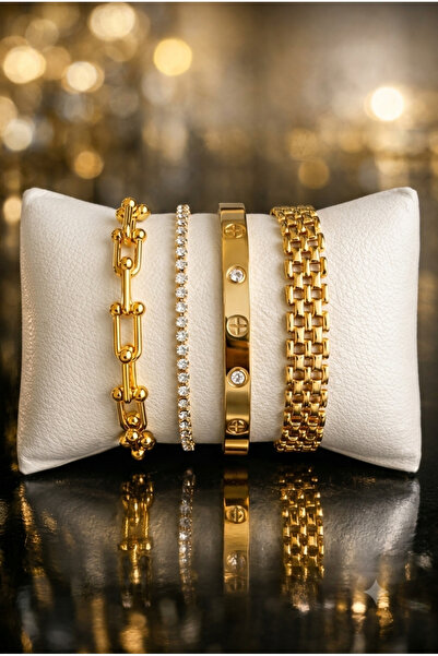 Crc Bijuteri Gold Color 4-Piece Matching Set Steel Women's Bracelet