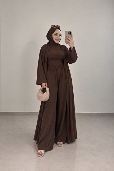 BNGL Boutique Sandy kumaş üçlü abaya takım kahverengi renk