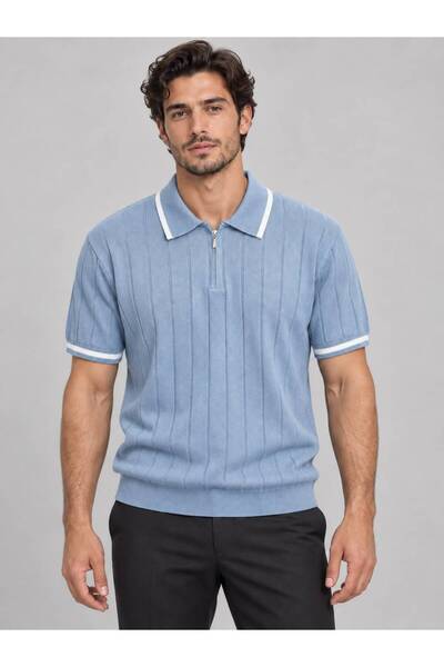Butik Fermuarlı Polo Yaka Kısa Kollu Triko T-shirt