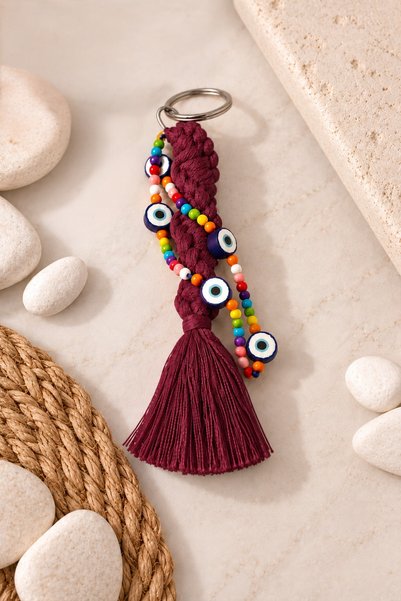 nftart.design Evil Eye Beaded - Twisted Handmade Macrame Charm Keychain/Bag C...