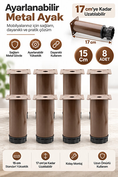 NUBLADO Ayarlanabilir Mobilya Kanepe  Koltuk Metal Destek Yükseltici Kahve Ayağı 15 cm Ayakları 8 Adet.