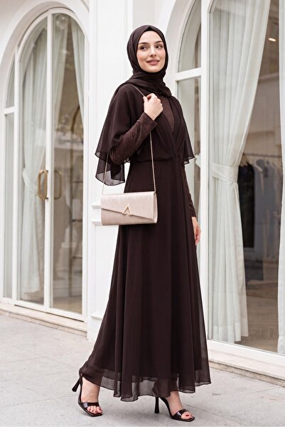 Modamorfo Silvery Chiffon Long Evening Dress -Dark Brown
