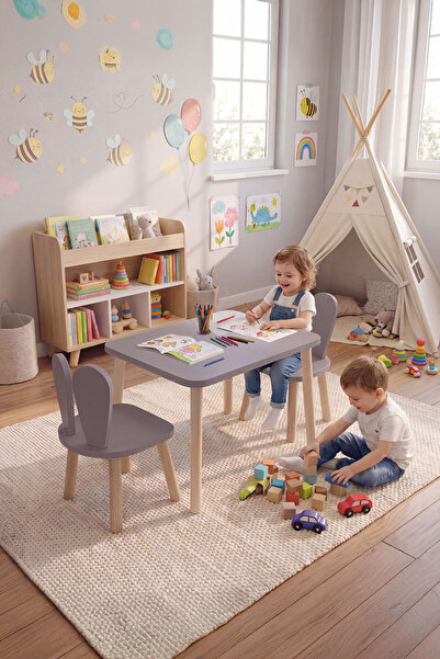 Bee Smart Ahşap Montessori Aktivite Masası Sandalyesi, Bunny Masa ve Sandalye