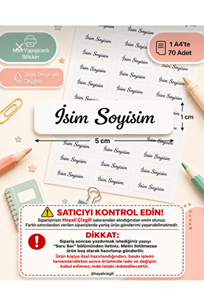 Hayali Çizgili Kişiye Özel İsim Etiketi Mat Baskı 5x1 cm 70 Adet A4 Okul İsim...