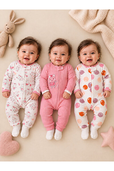 PonçiKids 3’lü Kız Bebek Tulum Seti | Yumuşacık Pamuklu Fermuarlı Uzun Kollu ...