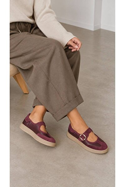 ESSO LA MİA Polin Genuine Leather Daily Babet Shoes Claret Red