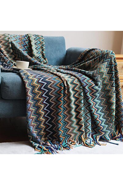 DUTRIEUX 127x180cm Blue 100% Acryl Hand Knitted Blanket with Tassel Summer Bl...
