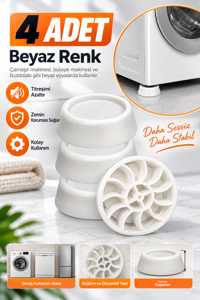 NUBLADO BRO Çamaşır Makinesi Kaydırmaz Stoper Beyaz Renk 4 ADET Titreşim Gürü...