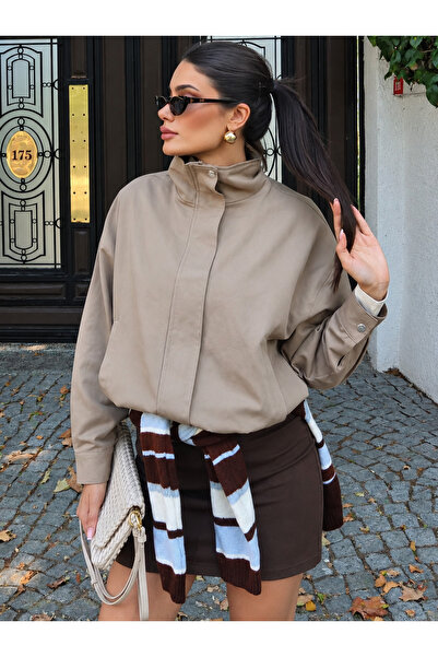House of Valerio Kadın Dik Yaka Gabardin Kumaş Fermuarlı Çıtçıtlı Astarlı Ceket