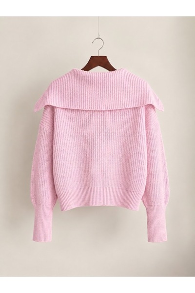 FLEX FASHION Women's Stretchy Knit Soft Zippered Turn-Down Collar Pink Knitwear Cardigan