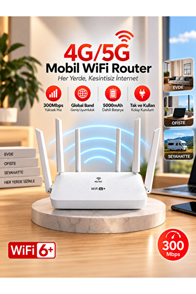 MetaForce 4G/5G SIM Kartlı Mobil Wi-Fi Router - 300 Mbps 6 Antenli Kablosuz İ...