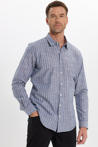 Tudors Erkek Slim Fit Dar Kesim Uzun Kollu %100 Pamuk Keten Doku Çizgili Gömlek