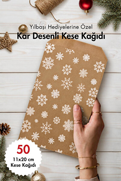 Bimotif Kar Desenli Kese Kağıdı, Kraft-beyaz 11x20 Cm - 50 Adet