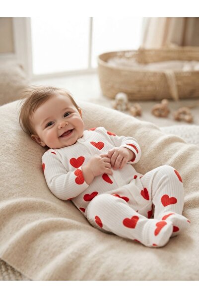 Minixobaby Kız Bebek Küçük Kalp Baskılı Raporlu Çıtçıtlı Yenidoğan Bebek Tulu...