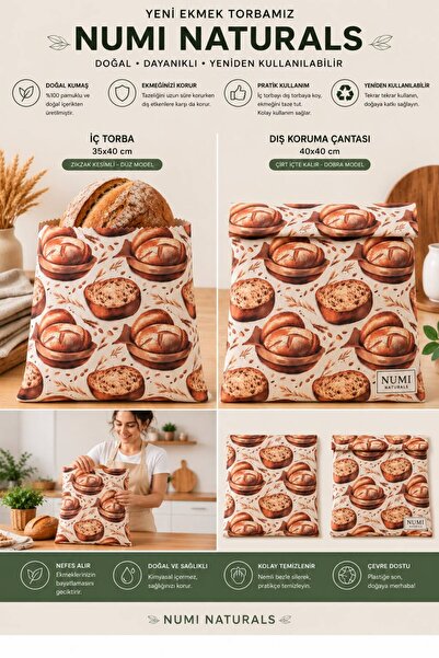 NUMI Naturals Doğal Kumaş Balmumu Ekmek Saklama ve Koruma Çantası – 2’li Set