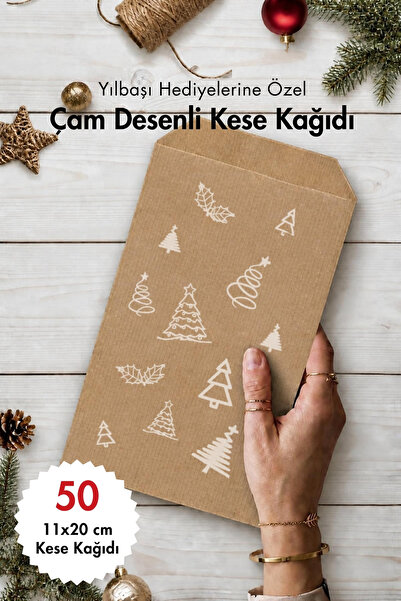Bimotif Çam Desenli Kese Kağıdı, Kraft-beyaz 11x20 Cm - 50 Adet
