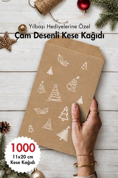Bimotif Pine Patterned Paper Bag, Kraft-White 11X20 cm - 1000 Pieces