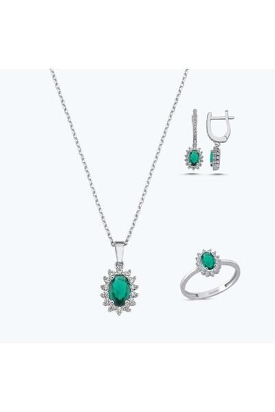 Altınbaş Yeşil Taşlı Altın Üçlü Oval Set