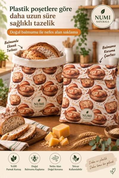 NUMI Naturals Doğal Kumaş Balmumu Ekmek Saklama ve Koruma Çantası – 2’li Set