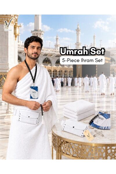 View star Ihram Set for Men 5pcs – Hajj Umrah Towels, Belt Bag, Tasbeeh, Pins...