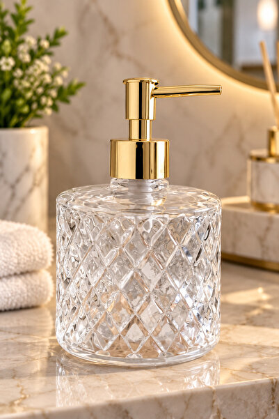 ANGDESİGN ŞEFFAF Kristal Cam Sıvı Sabunluk - Şeffaf || Gold Pompalı || Modern Lüks Banyo Aksesuarı Dekoratif Sıvı Sabunluk Sabun Dispenseri Banyo & Mutfak İçin Tezgah Üstü Lavabo| Bulaşık Deterjanı El Sabunu