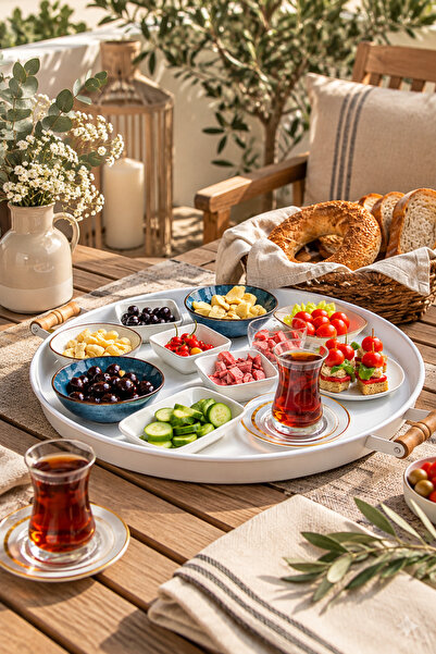kitchen trend Metal 51 Cm Beyaz Ahşap Kulplu Yuvarlak Tepsi, Kahvaltı Tepsisi, Sunum Tepsisi