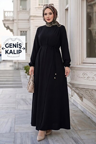hafsamina Toka Detaylı Bağlamalı Ayrobin Elbise Siyah HM2907