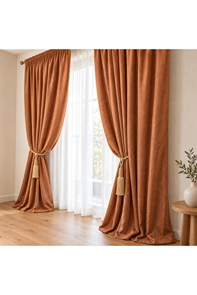 Mastel Set de 2 perdele, culoare cognac, catifea uni.