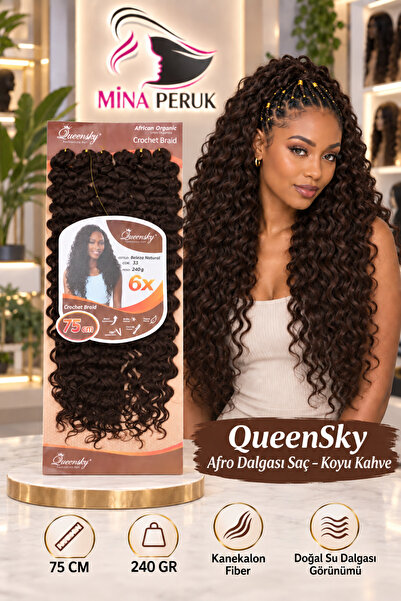 Esperer QueenSky Koyu Kahve Afro Dalgalı Örgülük Saç, Fiber Sentetik, 75 cm K...