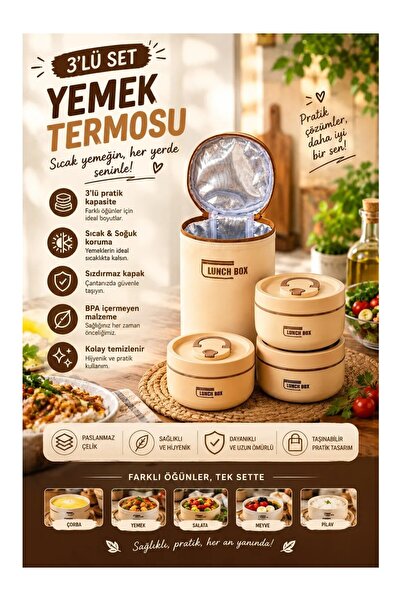 Tasarım Evi Stainless Steel Food Thermos Set of 3 304 Steel - with Thermal Bag