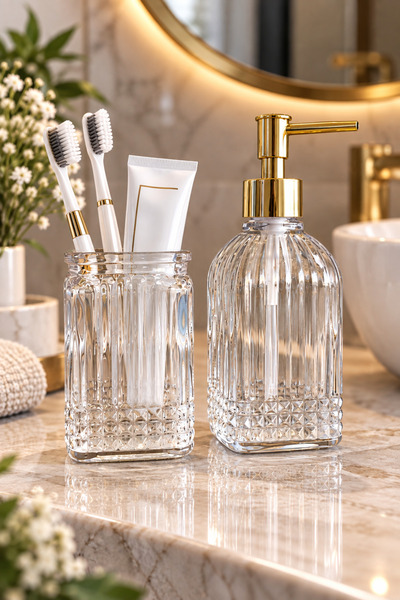 ANGDESİGN Bodrum 2Nd Glass Liquid Soap Dispenser & Glass Toothbrush Holder Tr...