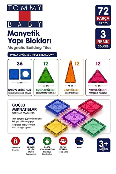 Tommybaby Manyetik Yapı Blokları – Çocuklar İçin Renkli 3 Boyutlu 72 Parça Manyetik Oyun Seti