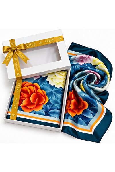 velve Esarfa premium dama cu imprimeu floral maxi, 70 x 70 cm, Albastru petrol