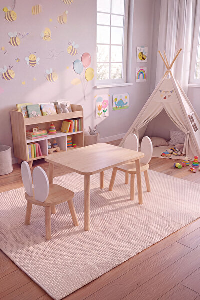 Bee Smart Safir Meşe Beyaz Kulak 2 Sandalyeli Aktivite Masası Çocuk Çalışma M...