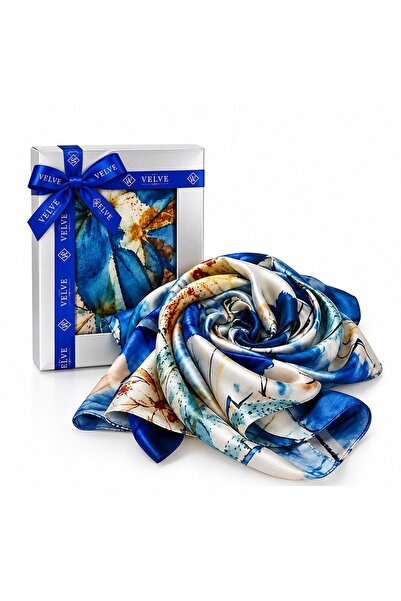 velve Esarfa premium dama cu imprimeu floral abstract, 70 x 70 cm, Albastru