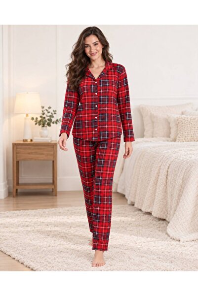 Butik Ekose Desenli Düğmeli Uzun Kollu Kadın Pijama Takımı