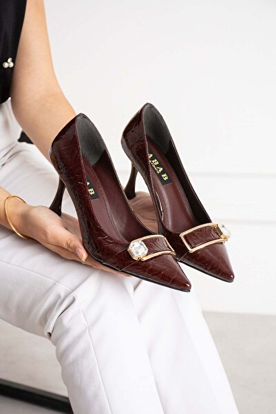 dabab shoes Sena Women's Burgundy Wrinkled Patent Leather Pointed Toe Stone B...