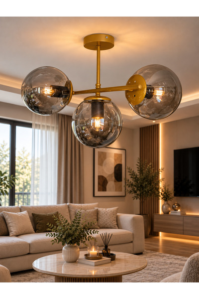 Ömür Avize diego 3lü globe camlı eskitme gold kasa avize