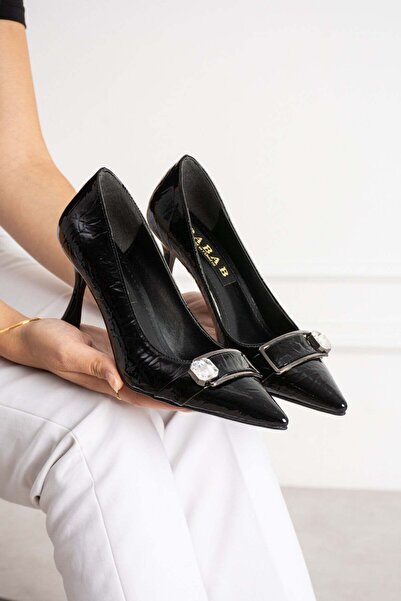 dabab shoes Sena Women's Black Wrinkled Patent Leather Pointed Toe Stone Buck...