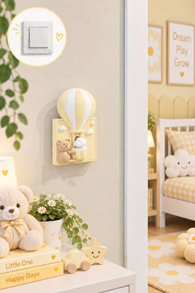 Uçan Balon Ayıcıklı Dekoratif Tekli Işık Anahtar Kapağı - Çocuk Odası Dekoru - Hediyelik 8,6 × 8,6 cm