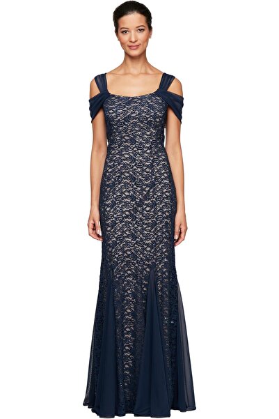 Alex Evenings Women's Long Cold Shoulder Dress (Petite and Regular Sizes)
